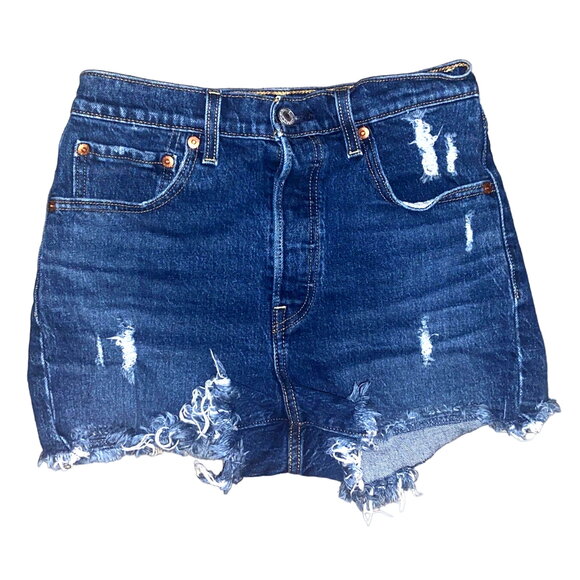 501 LEVI's Premium RIBCAGE Big E Button Fly Distressed Cut Off Jean Shorts Sz 27 - Picture 1 of 5